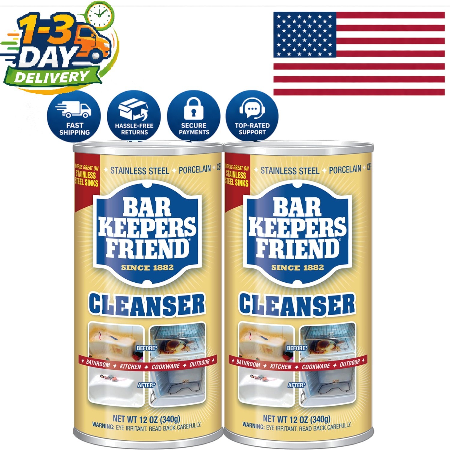 Bleach-Free Powder Cleaner: 2 x 12 oz Stain & Rust Remover for Every Surface