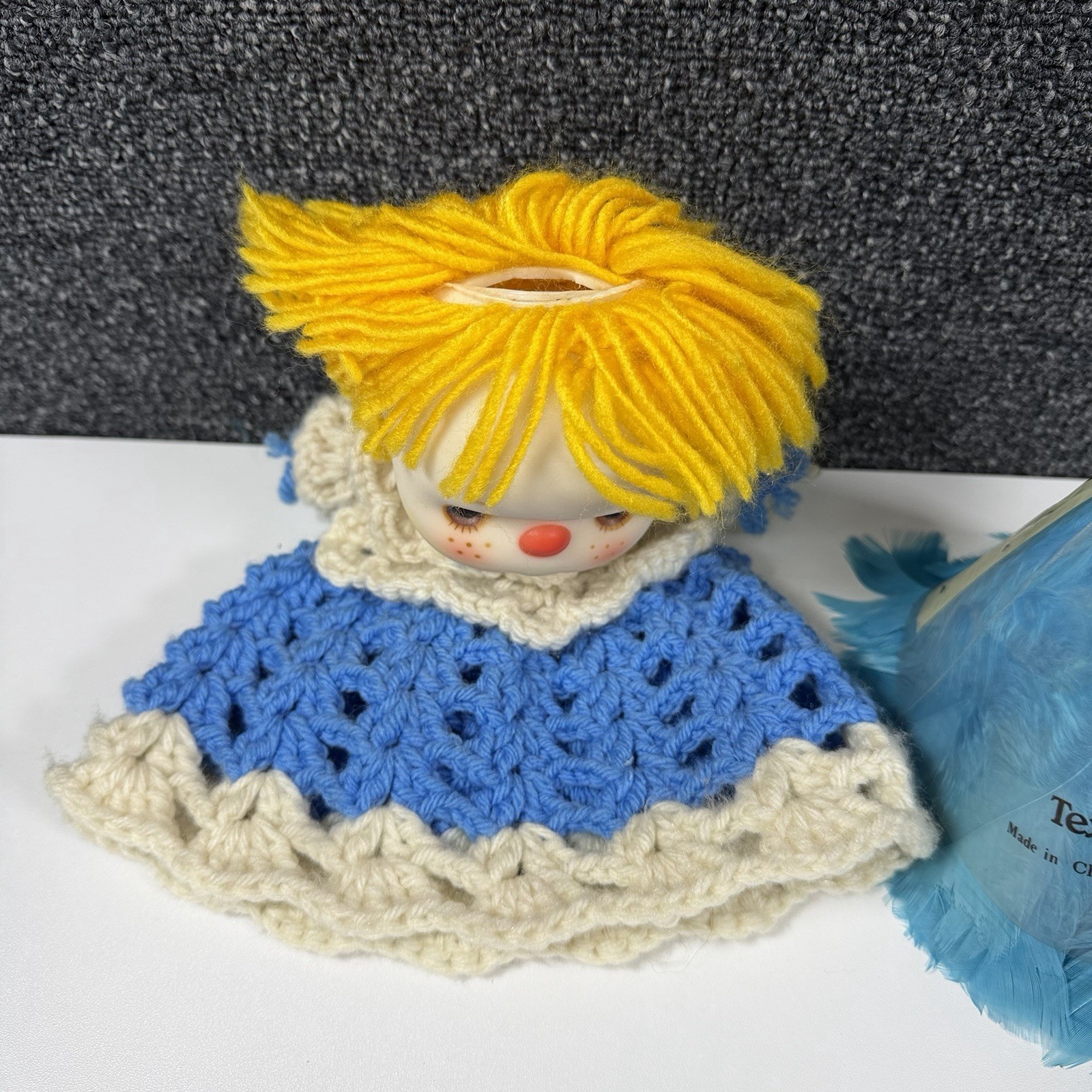 Vintage Feather Duster Handy Dandy Texas Feathers Crochet Doll Cover Blue