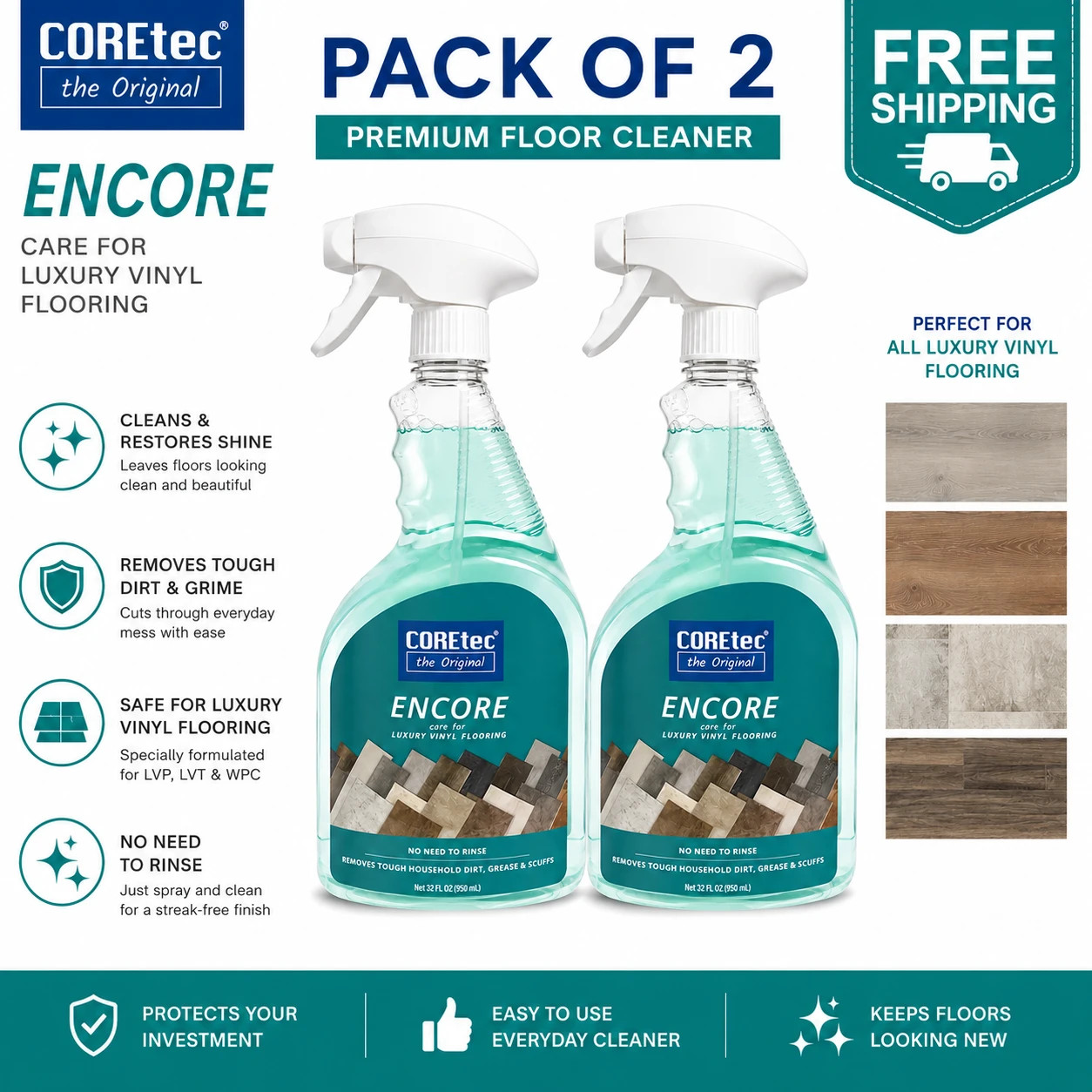 2 PACK Coretec The Original Encore Care For Luxury Vinyl Flooring FREE SHIPPING