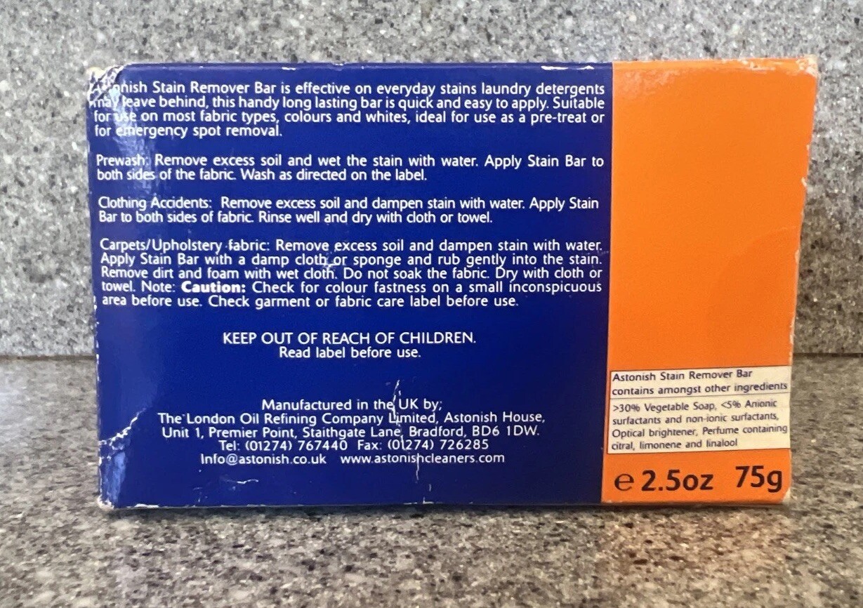 Astonish Stain Remover Bar Clothes Carpet Upholstery Pre Laundry Fabric 75g.