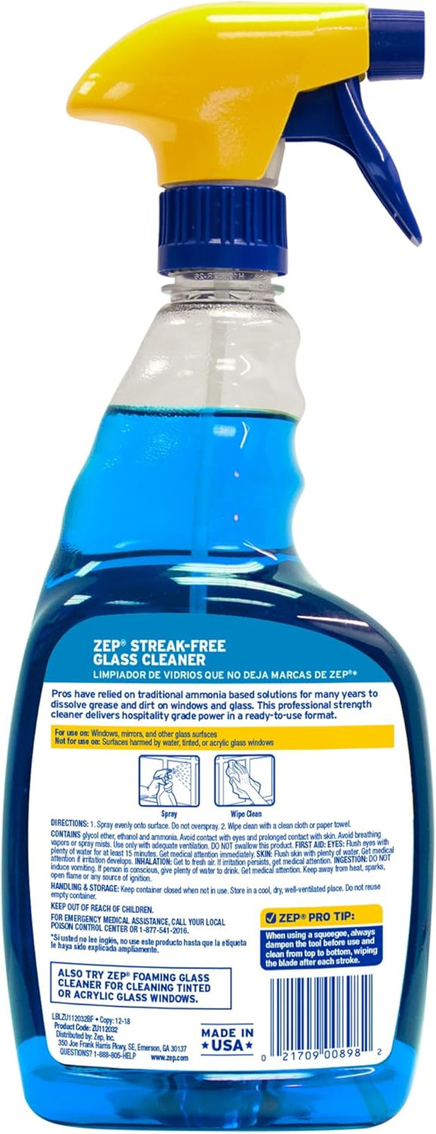 Zep Streak-Free Glass Cleaner – 32 Oz (Case of 12) ZU112032- Professional Grade