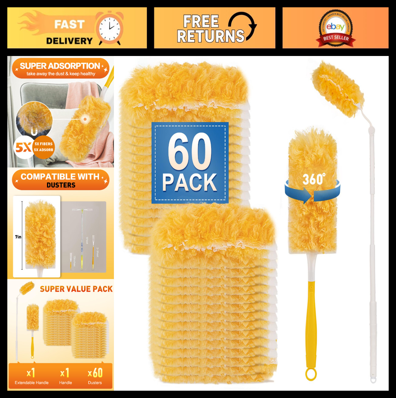 Heavy Duty Disposable Duster Refills Kit – 360° Multi-Surface Cleaning Tool, 3FT
