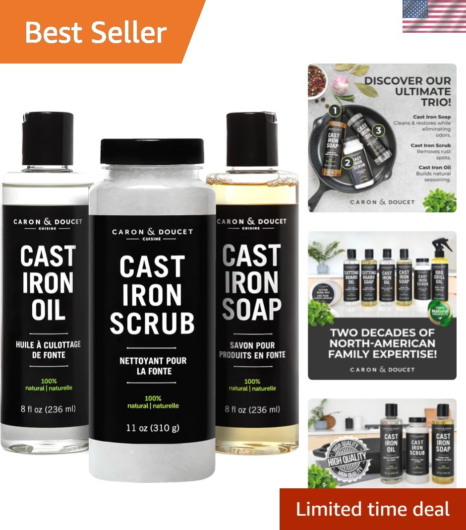 Ultimate Cast Iron Set: Seasoning Oil, Cleaning Soap & Restoring Scrub | 100%…