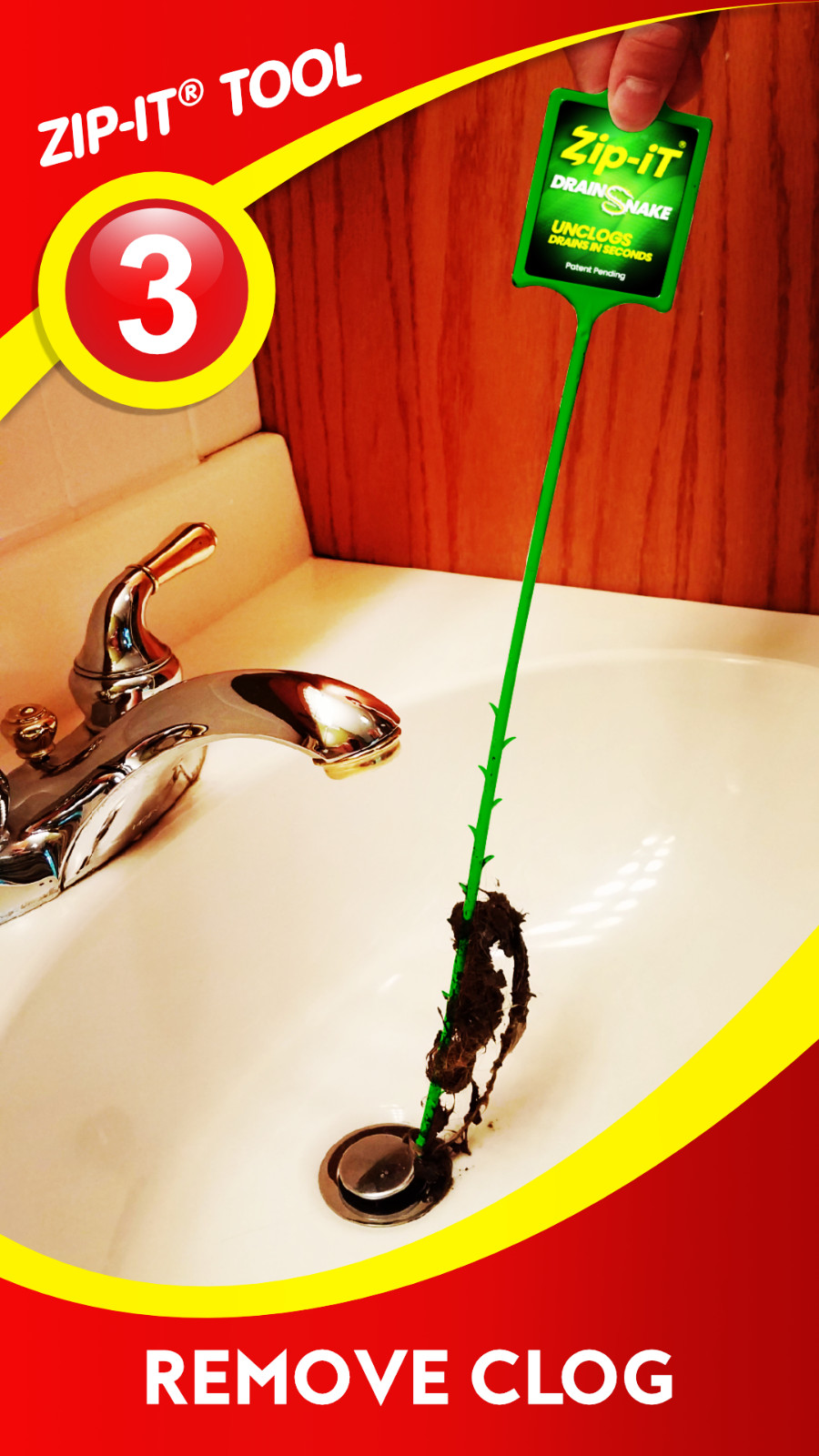 ZIP IT DRAIN CLEANER, 1-Pack Plastic Drain Stick Hair Clog Remover, drain snake
