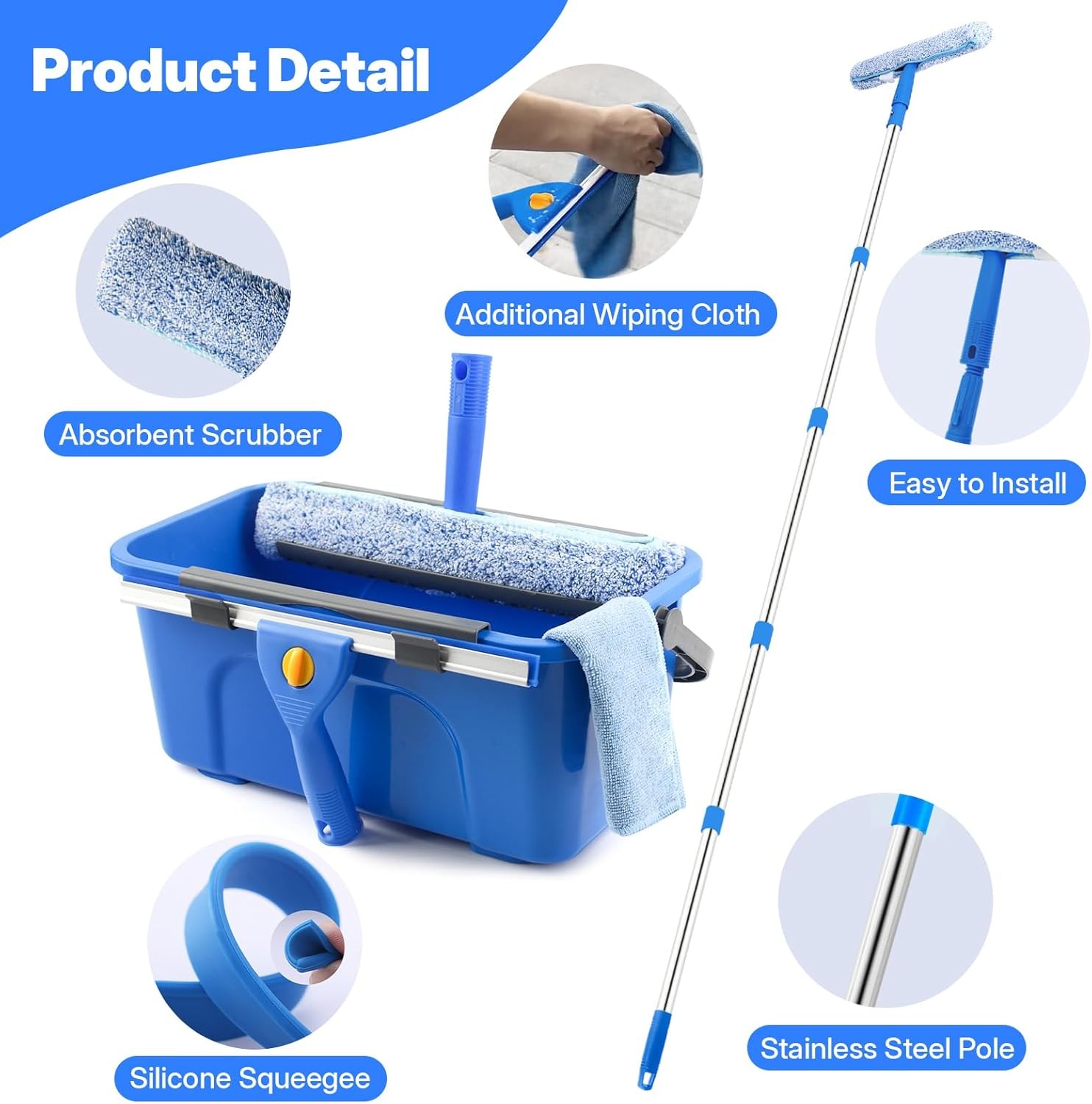 Professional Window Cleaning Kit with Bucket 3 Gallon, 76″ Long Handle Window…