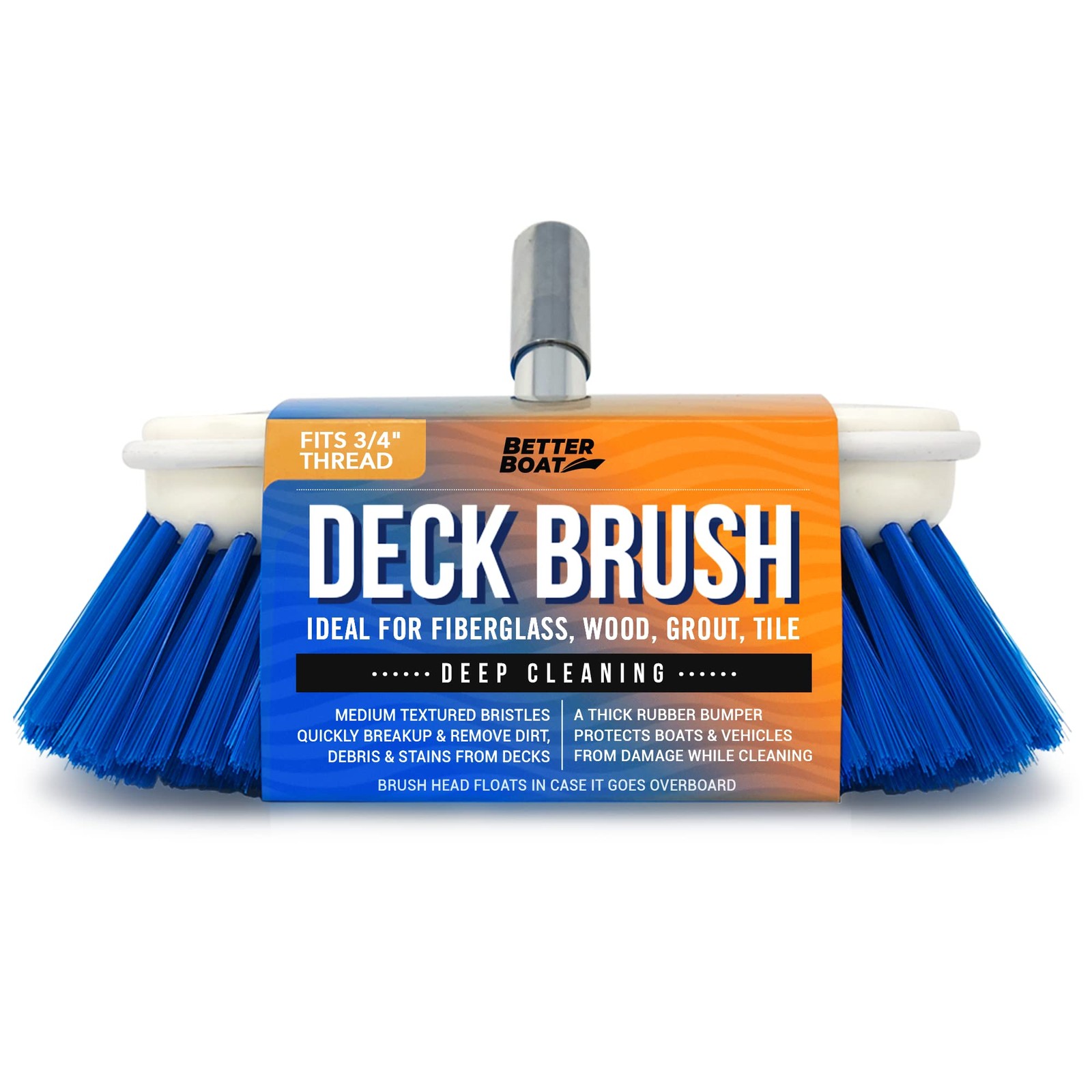 Medium Boat Deck Brush, Heavy-Duty Brush Head, 8″ Bristle with Bumper, 3/4″ T…