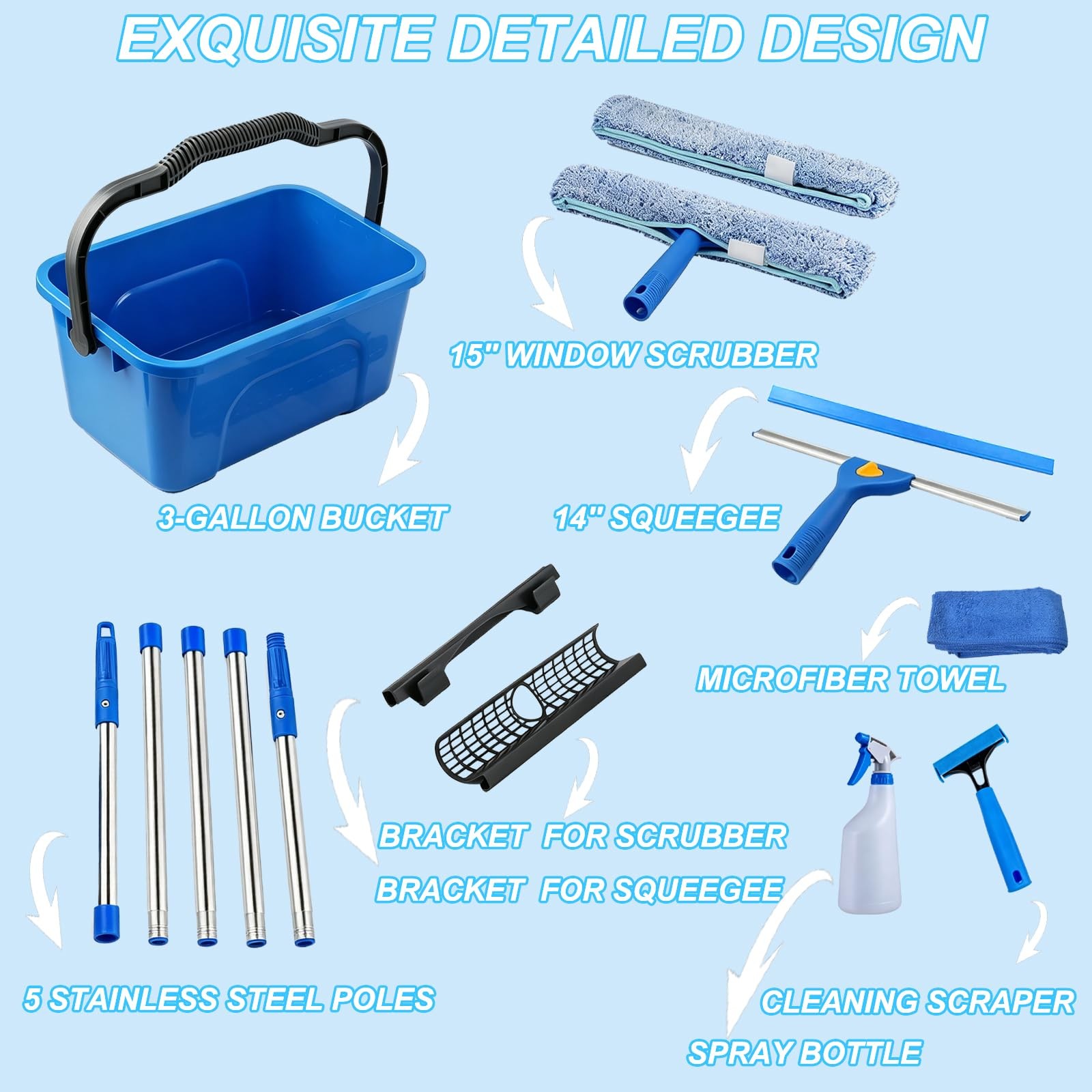 Professional Window Cleaning Kit with 76″ Telescopic Pole, Bucket 3 Gallon,2P…