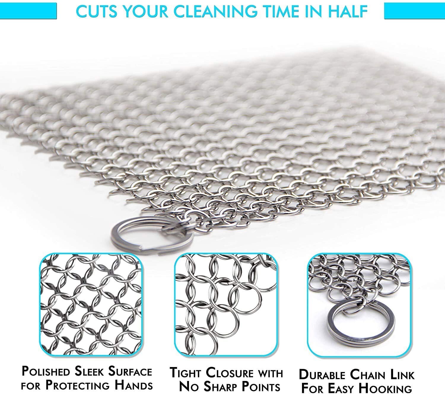 Iron Cast Cleaner Chainmail Scrubber Grill Scraper Kitchen Stainless Steel 7X7