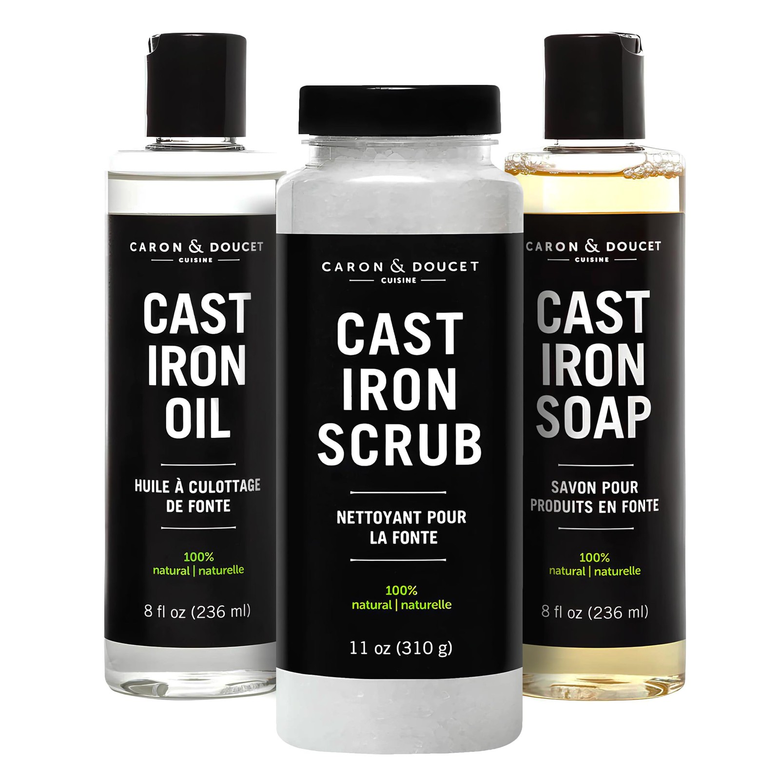 CARON & DOUCET Ultimate Cast Iron Set Seasoning Oil, Cleaning Soap & Restori…
