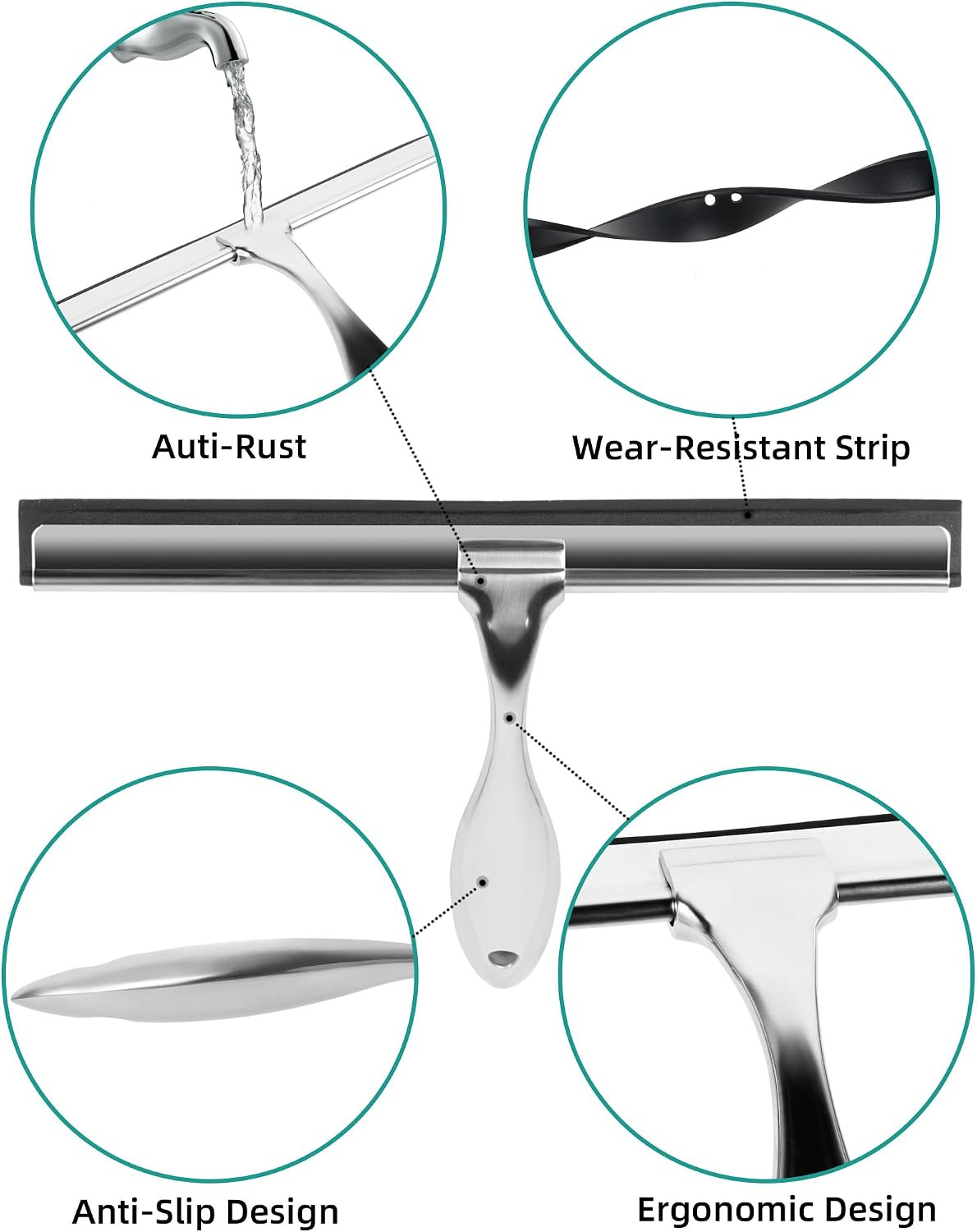 All-Purpose Stainless Steel Shower Squeegee Come with S Hook, 2 Square Sticky Ho
