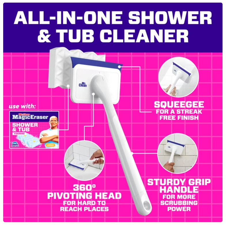 Mr. Clean Magic Eraser Shower & Tub Scrubber, 1 Device + 2 Refills, White