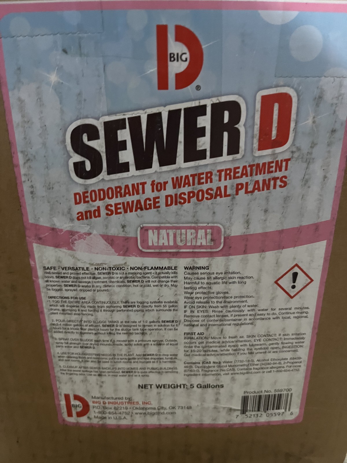 BIG D SEWER D Deodorant Water Treatment Sewage Disposal Plants 5 Gallon