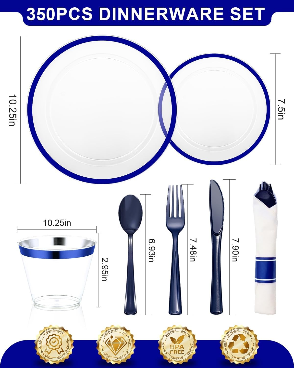BESTVIP 350PCS Plastic Clear Blue Plates for Party, Disposable Dinnerware Set