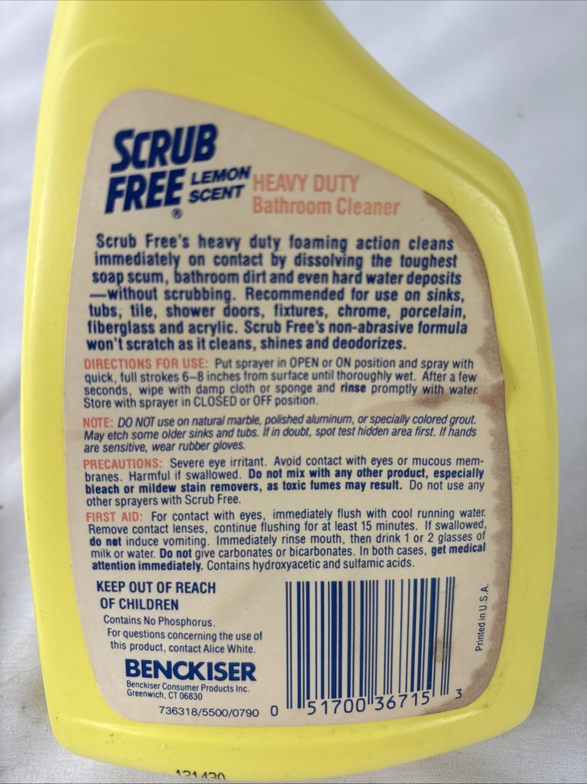 Vtg Scrub Free Lemon Scent Bathroom Cleaner 16 Fl Oz Prop Yellow Bottle 70% Full