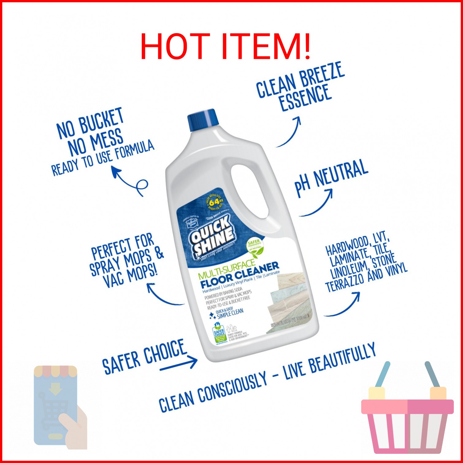 Quick Shine Multi Surface Floor Cleaner 64oz, Ready to Use-Streak Free-No Rinse,