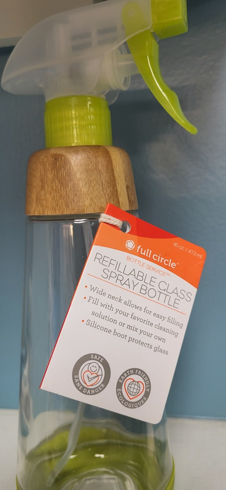Full Circle Refillable Glass 16oz Spray Bottle with Silicone Boot