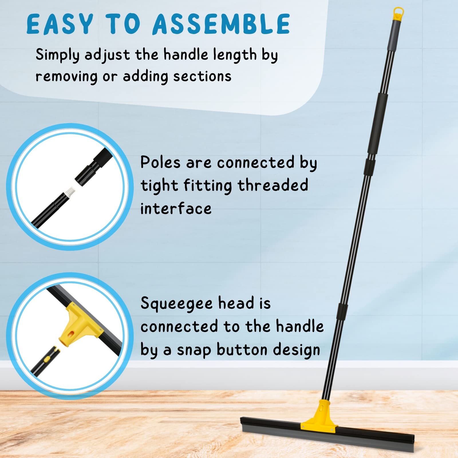 24 Inch Floor Squeegee Rubber Wiper Broom Heavy Duty Water Scraper 60 Handle