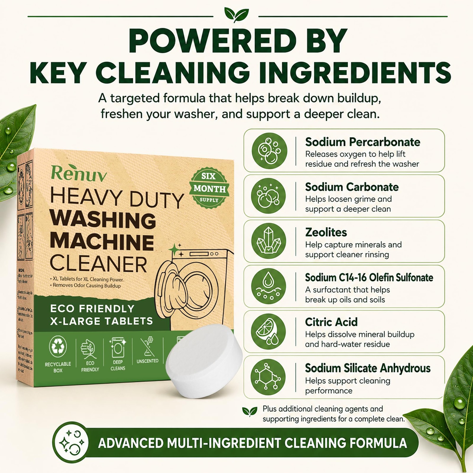Renuv® Heavy Duty Washing Machine Cleaner & Descaler & Deodorizer Tablets