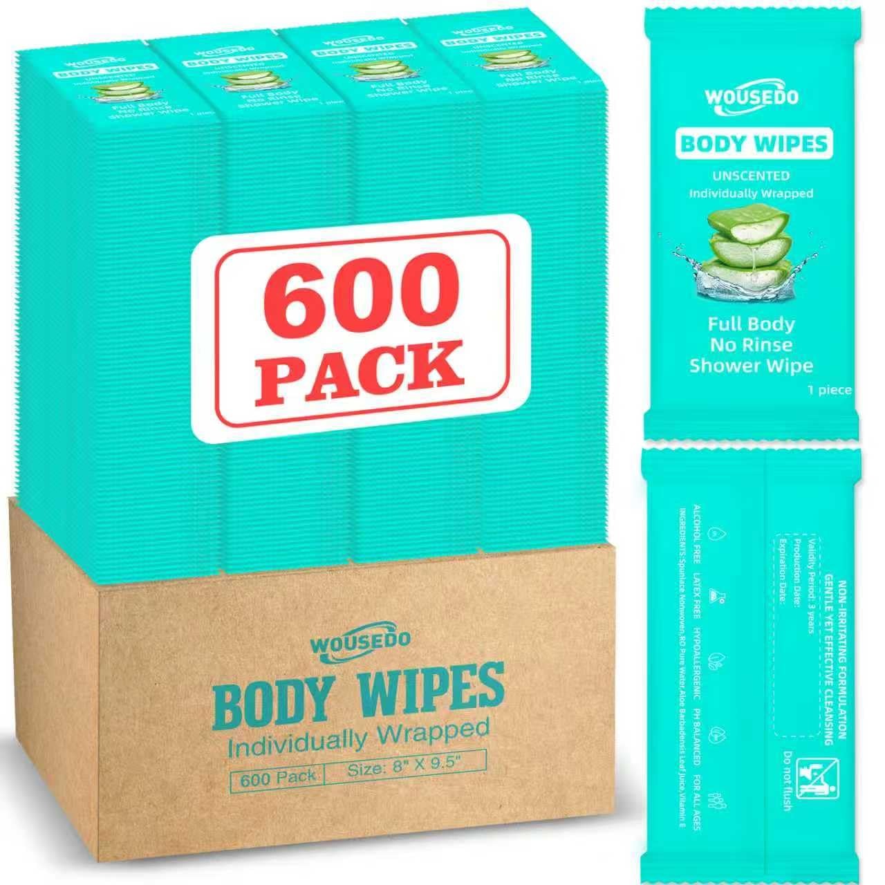 600 Pack Body Wipes Individually Wrapped(8″ x 9.5″), Shower Wipe for Adults Ba