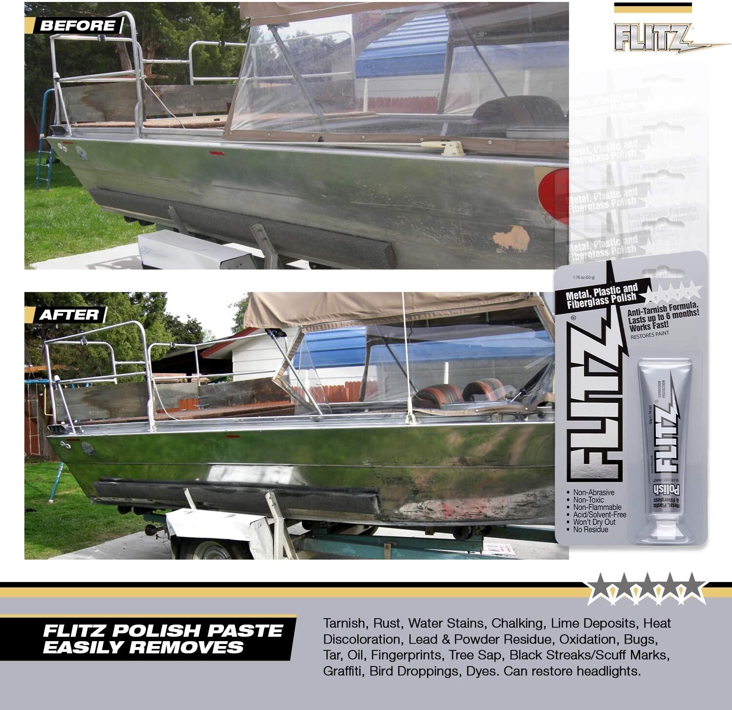 Flitz Metal Polish 3PK Plastic, Fiberglass Cleaning Waxing Paste 1.76 oz. Tube