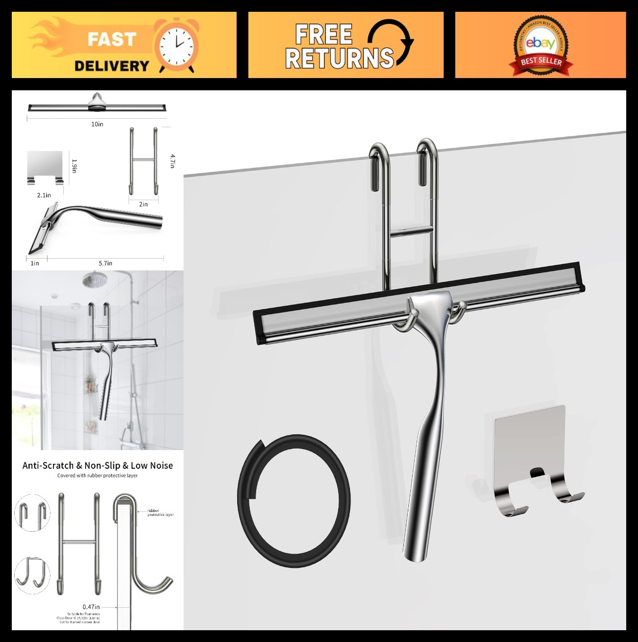 10-Inch Stainless Steel Shower Squeegee with Replacement Blade & Hooks Holder