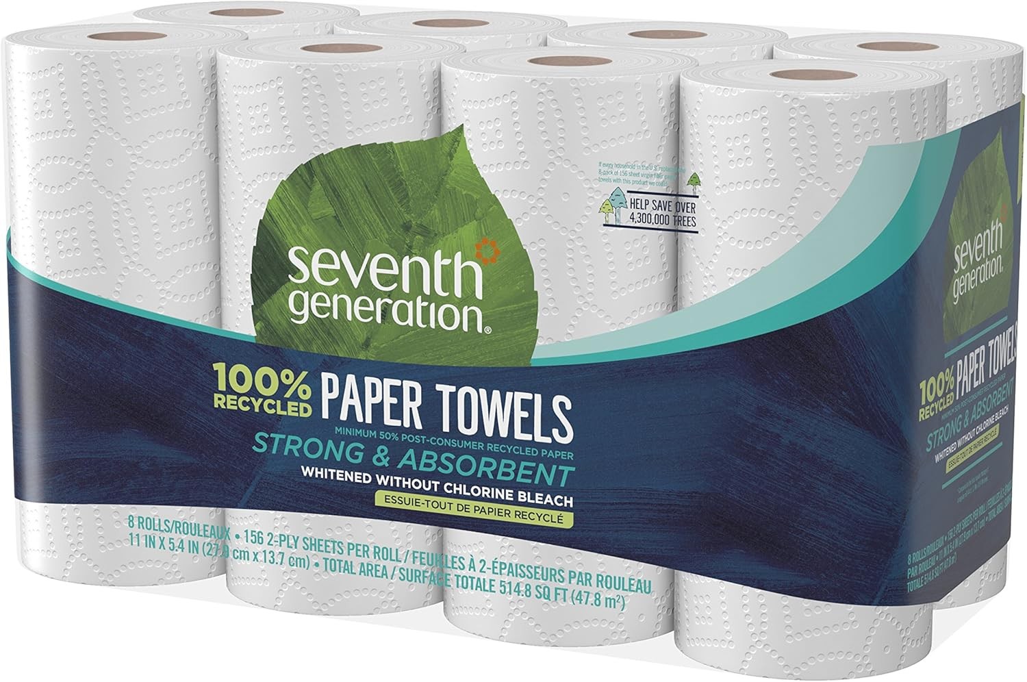 Seventh Generation 100% Recycled Paper Towels, 2-ply, 8 Count, Pack of 4