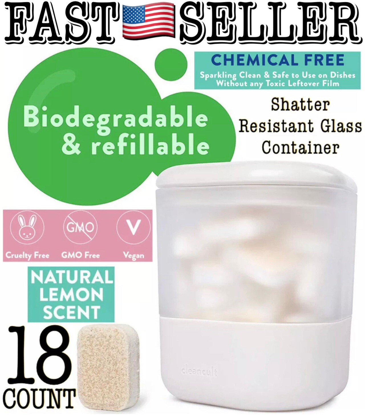 Cleancult Non Toxic Dishwasher 18 Tablets W/ Shatter Resistant Glass Container