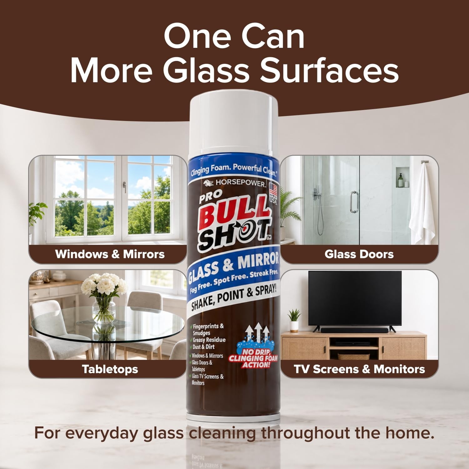 Bull Shot Glass & Mirror Cleaner, As Seen On TV, No-Drip Foaming Glass Cleane…