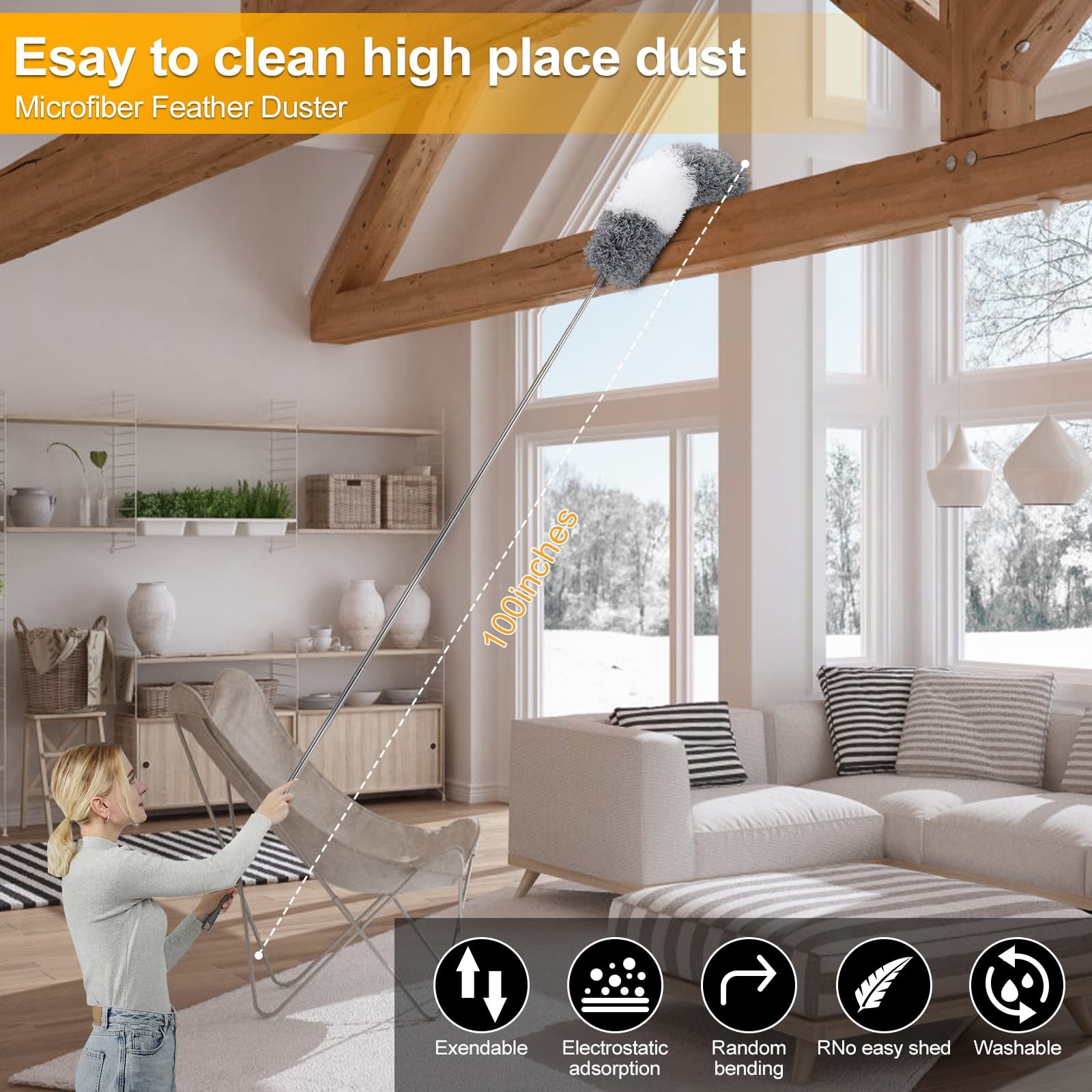 Duster for Cleaning Fan, High Ceiling, Blinds, Furniture, Cars , 9PCS Extendable