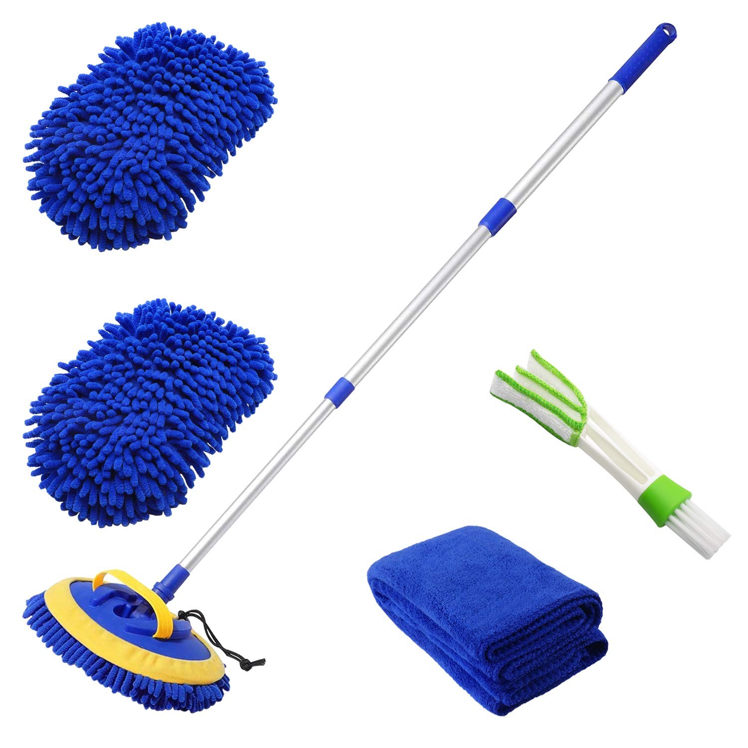 2 in 1 Microfiber Car Wash Mop Mitt with 45″Aluminum Alloy Long Handle Chenille