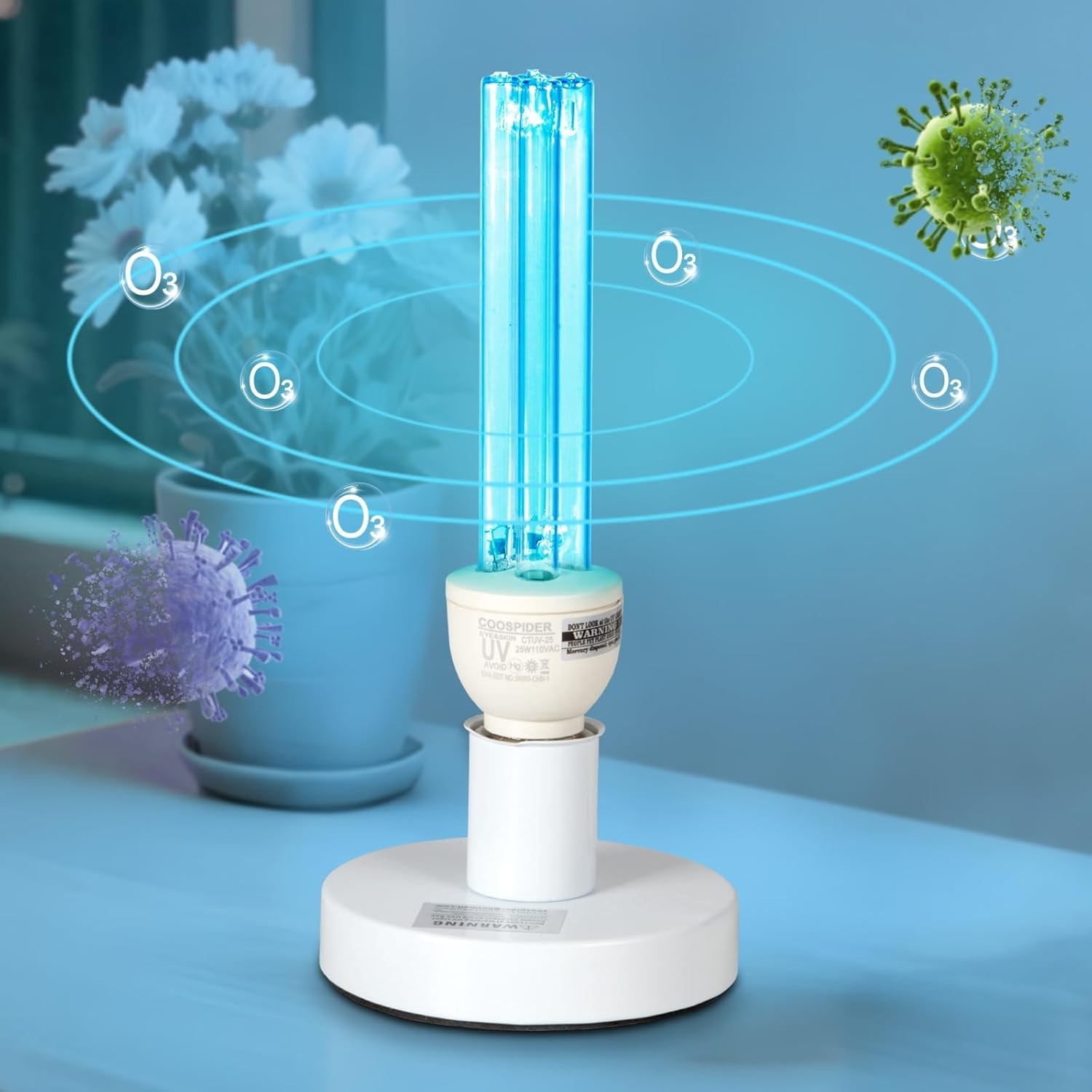 25W UVC Ozone Sanitizer Lamp with Timer E26 Base for Bedroom Bathroom Kitchen