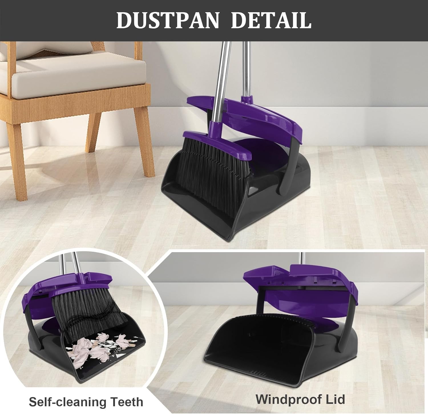 Broom and Dustpan Set, Long Handle Broom with Dustpan bo Set, Windproof