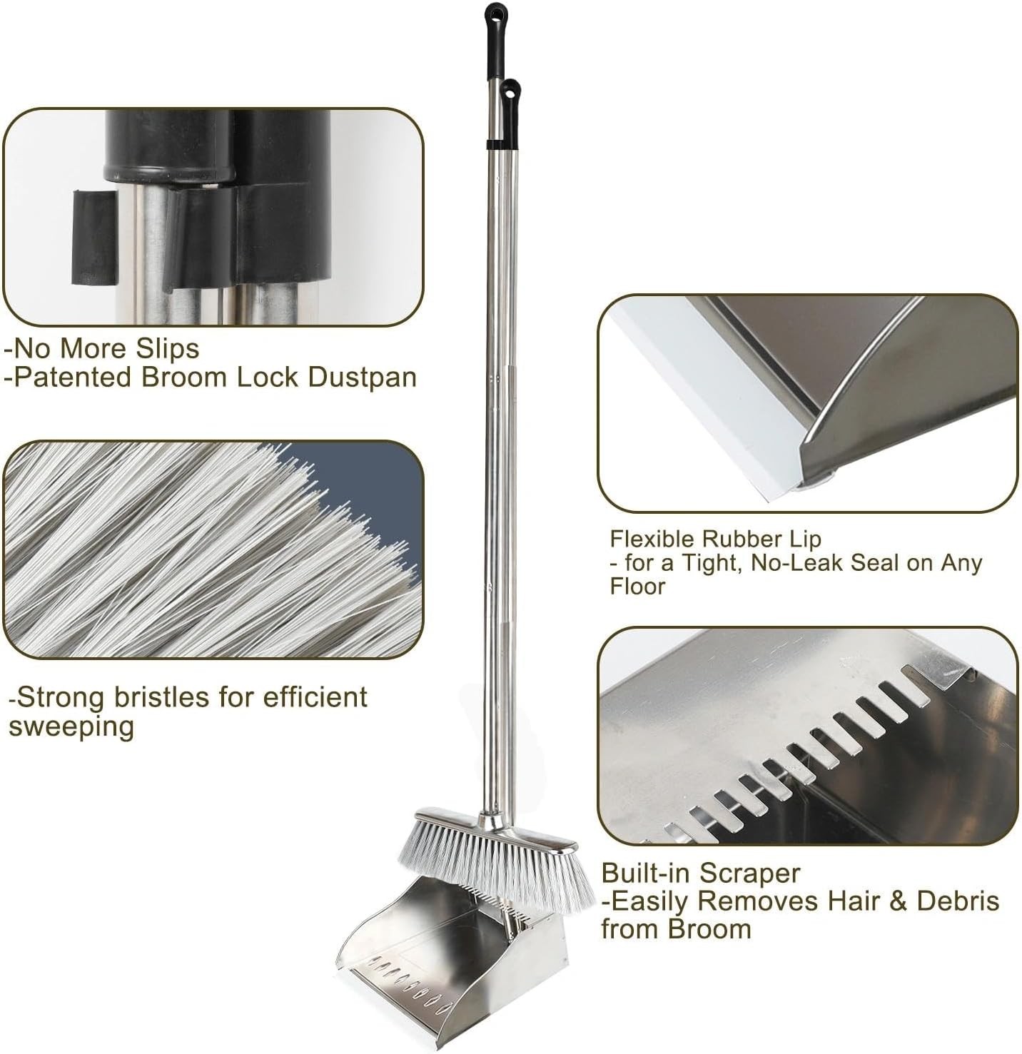 Metal Dustpan Long Handle Stainl Steel Dustpan, Heavy Duty Standing