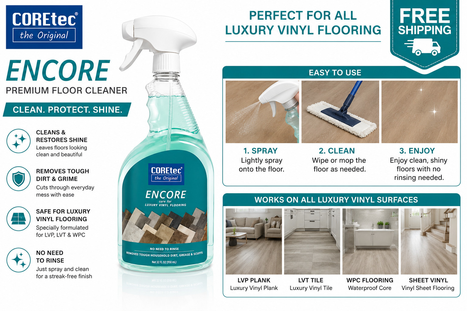 2 PACK Coretec The Original Encore Care For Luxury Vinyl Flooring FREE SHIPPING