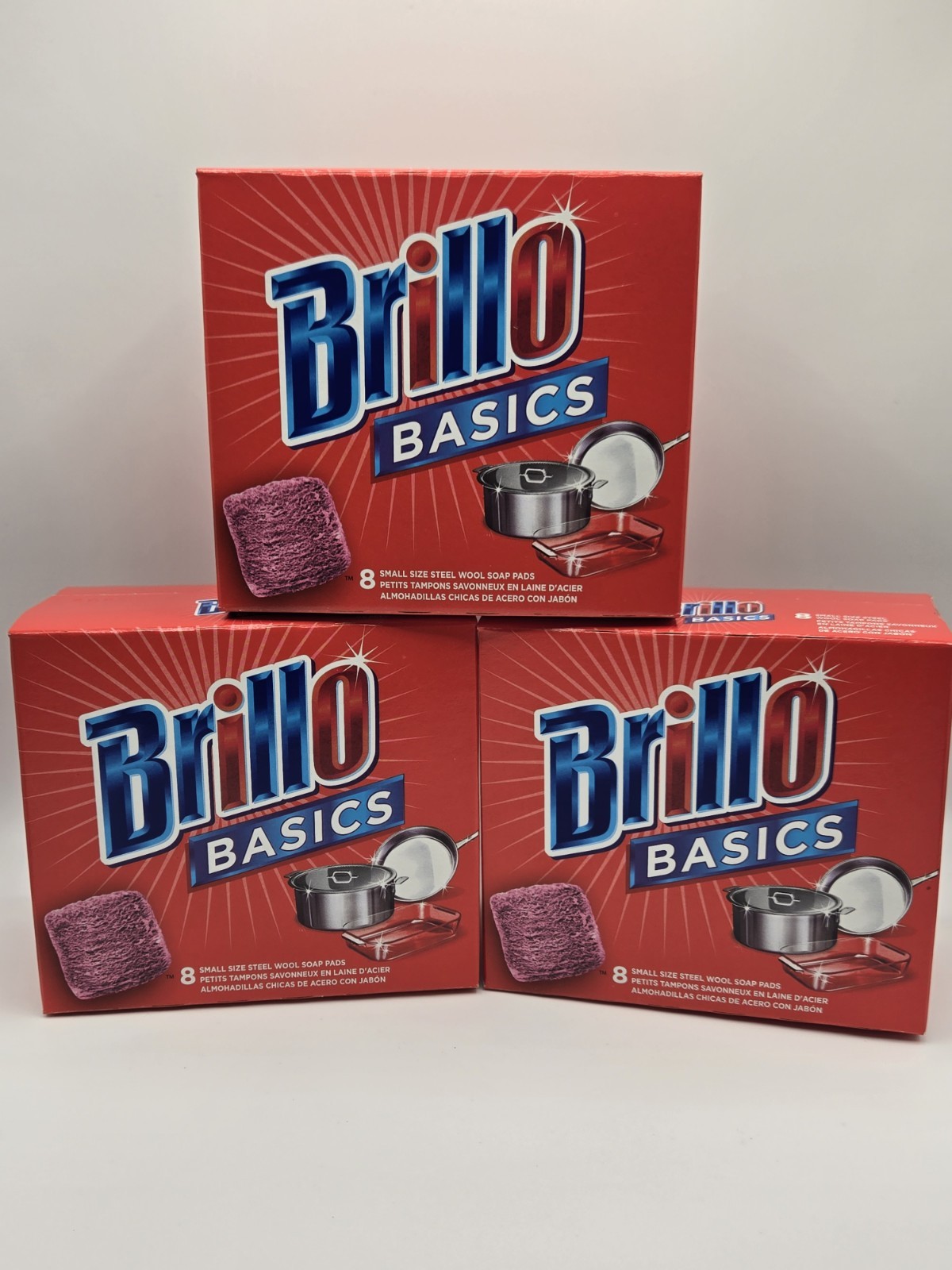 Brillo Basics Steel Wool Soap Pads – 8 Count Box – 3 Boxes (24 Soap Pads)