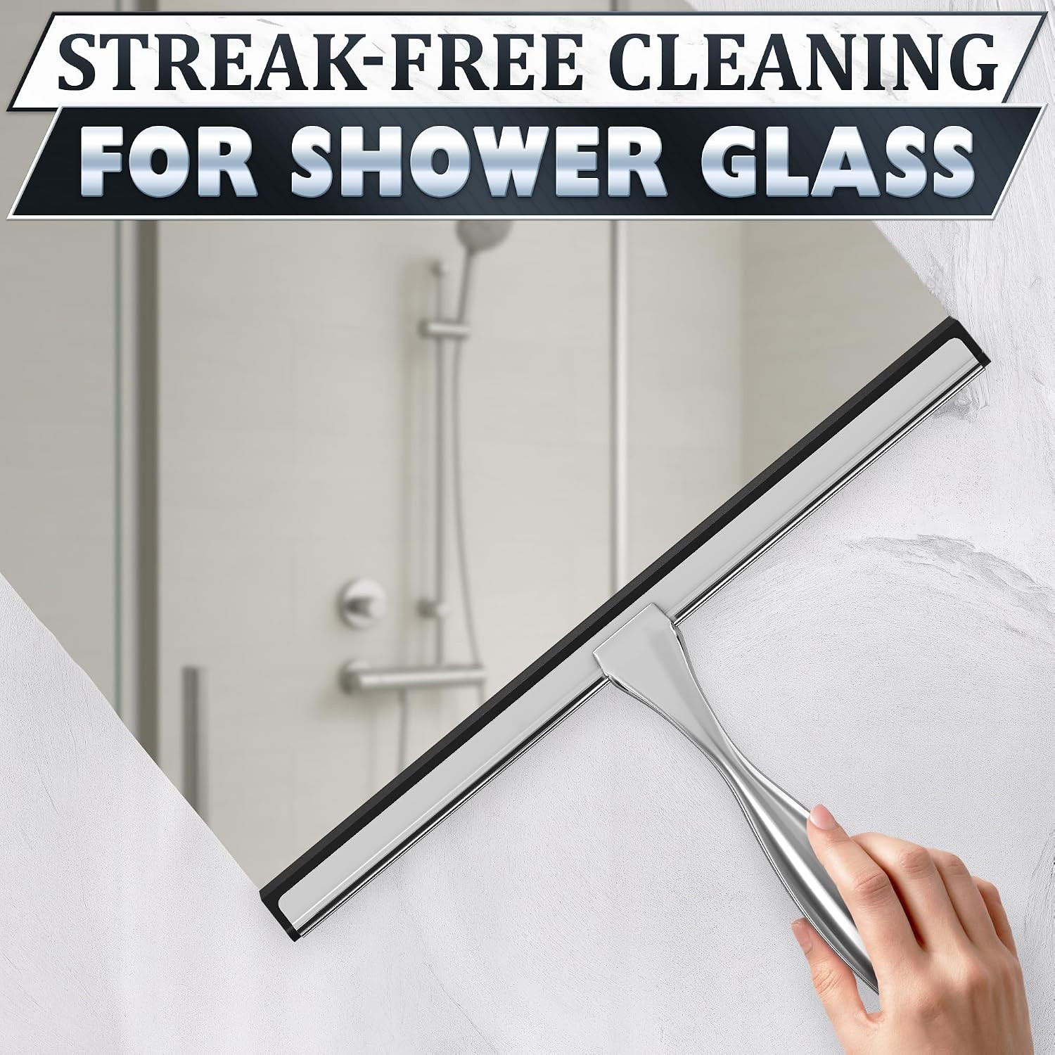 12″ Silver Shower Door Squeegee – Stainless Steel Shower Squeegee for Streak-Fre