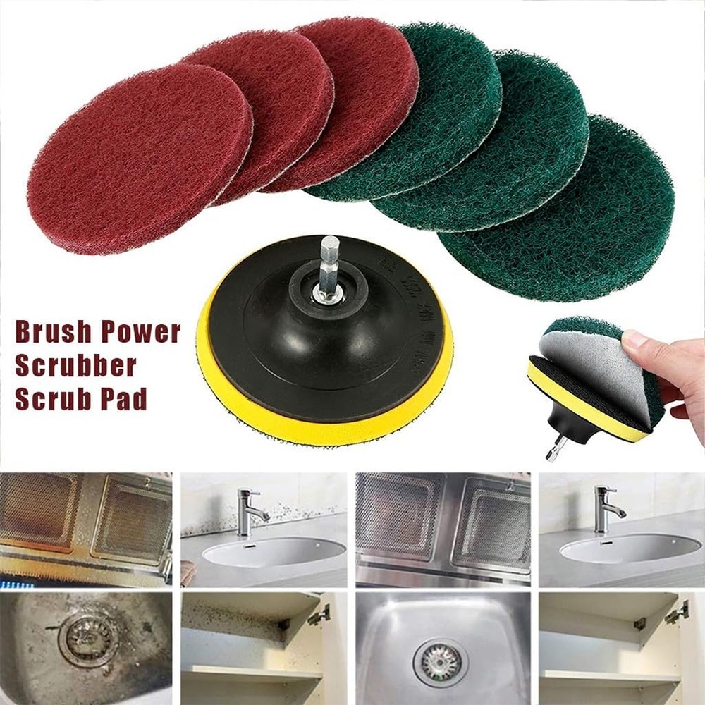 8PC 5″ Drill Power Brush Scouring Pad Tile Power Car Scrubbing Pad Cleaning Kit