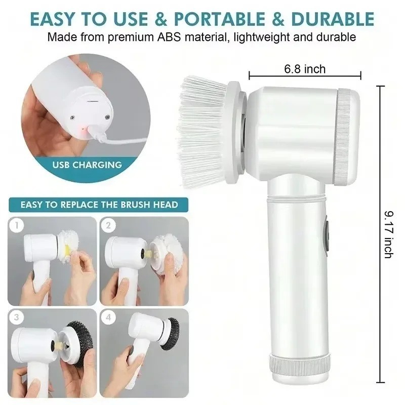 Electric Spin Scrubber Cordless Power Cleaning Brush 5 Replaceable Heads