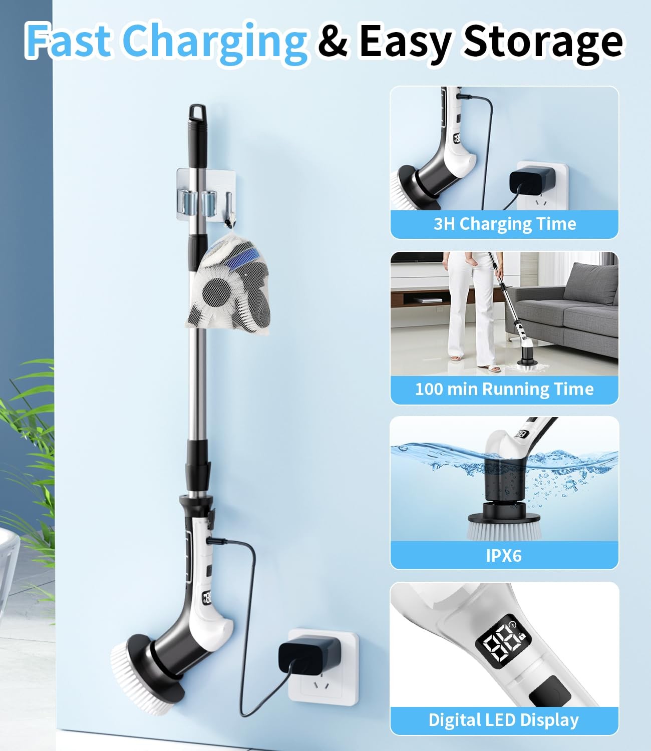 Spin Scrubber with 3 Speed, Adjustable Extension Handle, 8 Brush Heads,Cordle…