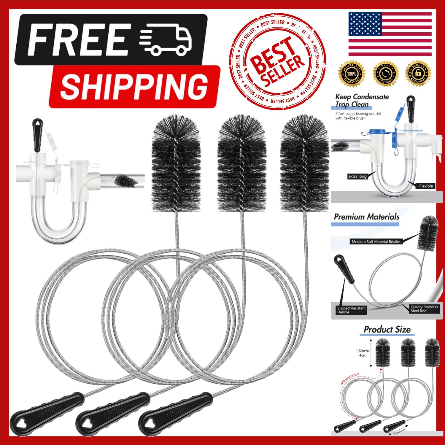 Effortless 48 Inch Flexible Cleaning Brushes for HVAC Condensate Traps – 3 Pack