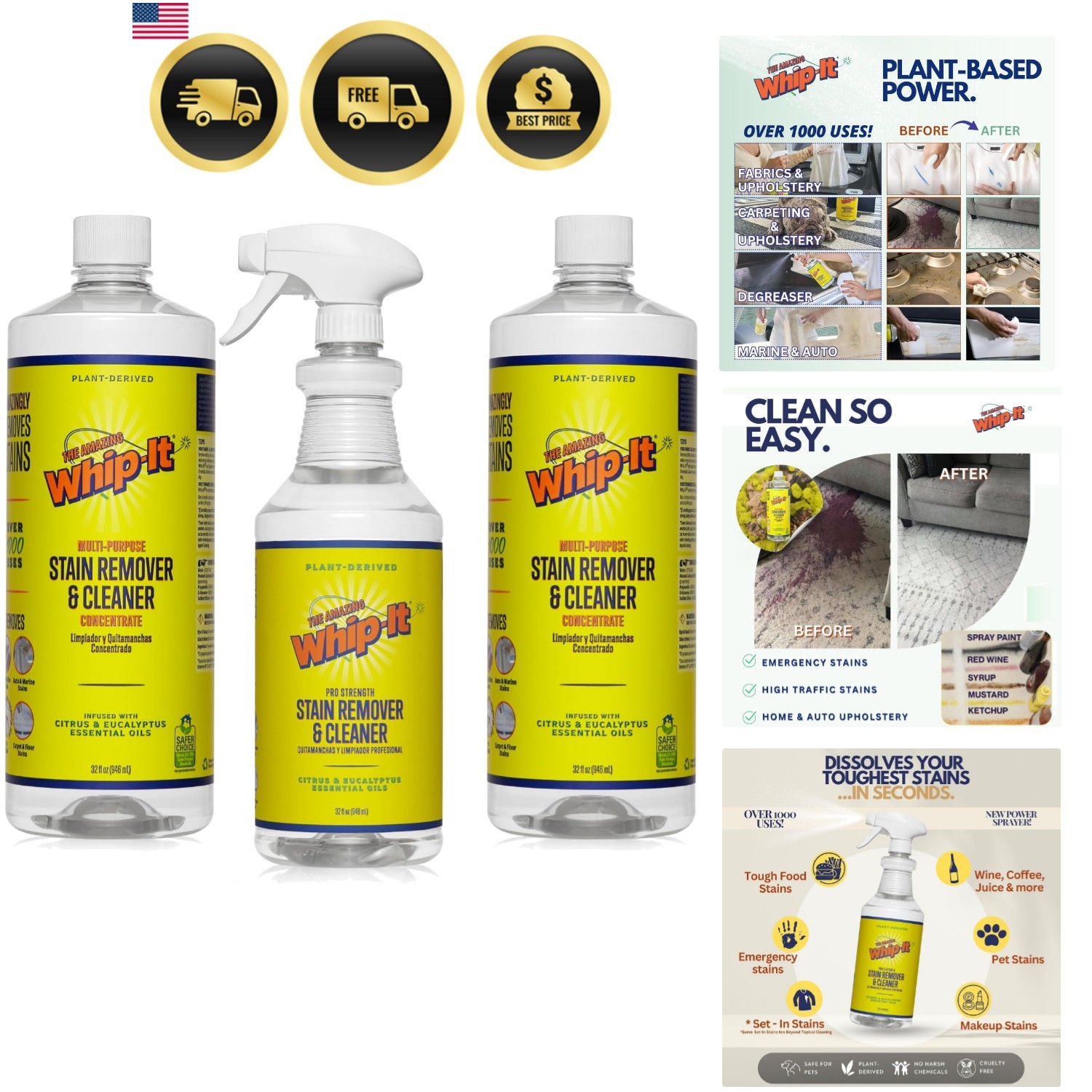 Whip-It Stain Remover and Concentrate Kit, 2-32oz Concentrates & 1-32 OZ Pro …