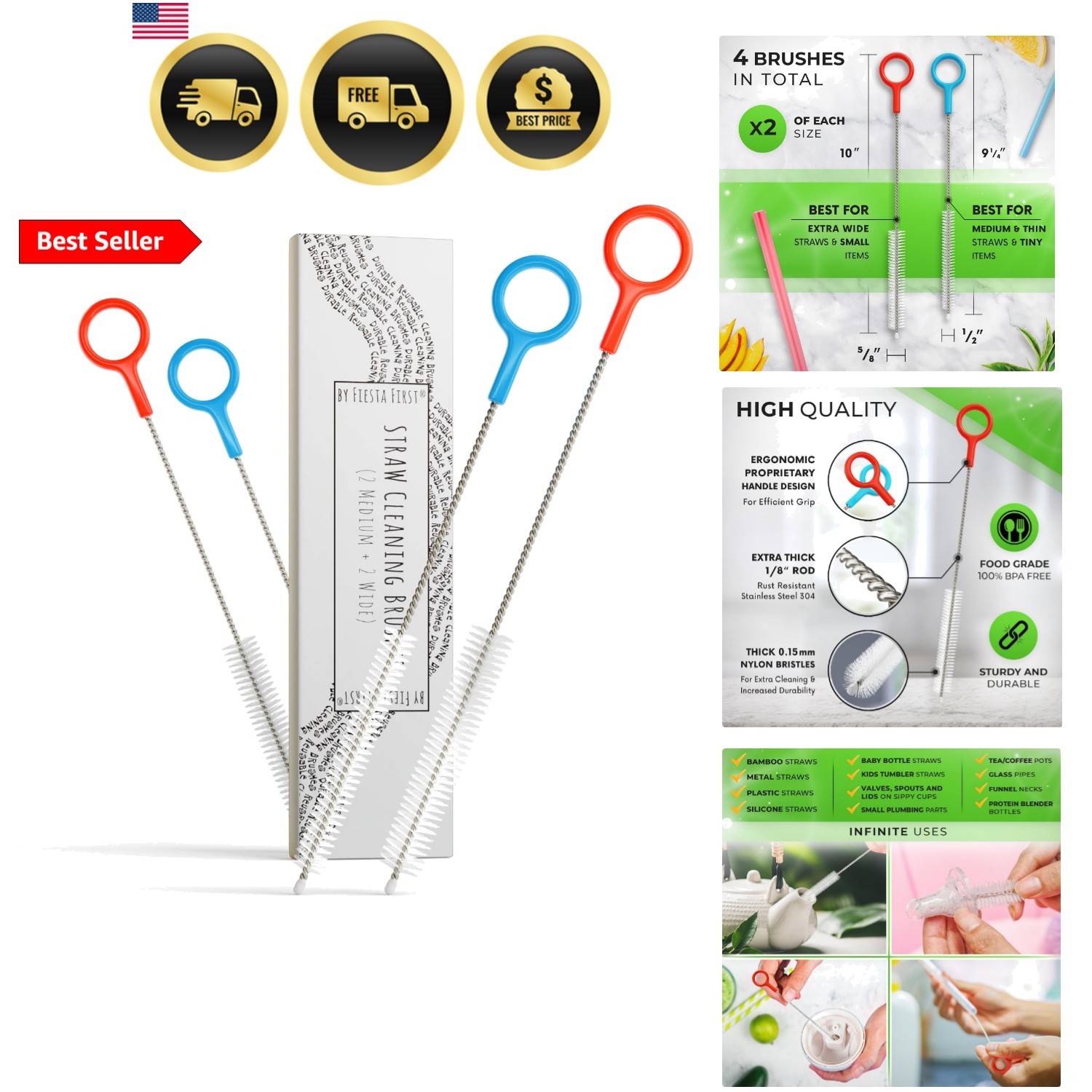 Heavy Duty Cleaning Brushes Set of 4 – Extra Long Straw Cleaners for Metal an…