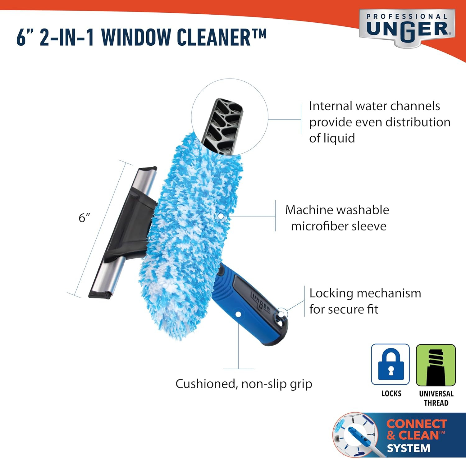 Professional Connect and Clean 2-In-1 Squeegee and Scrubber, 6” Window Cleaning