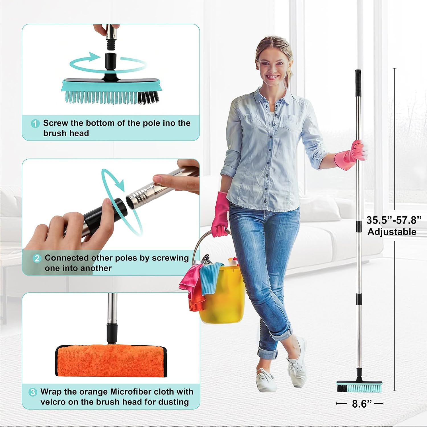 Grout Cleaner Brush with Long Handle, V-Shaped Floor Scrub Brush Swivel Grout Br