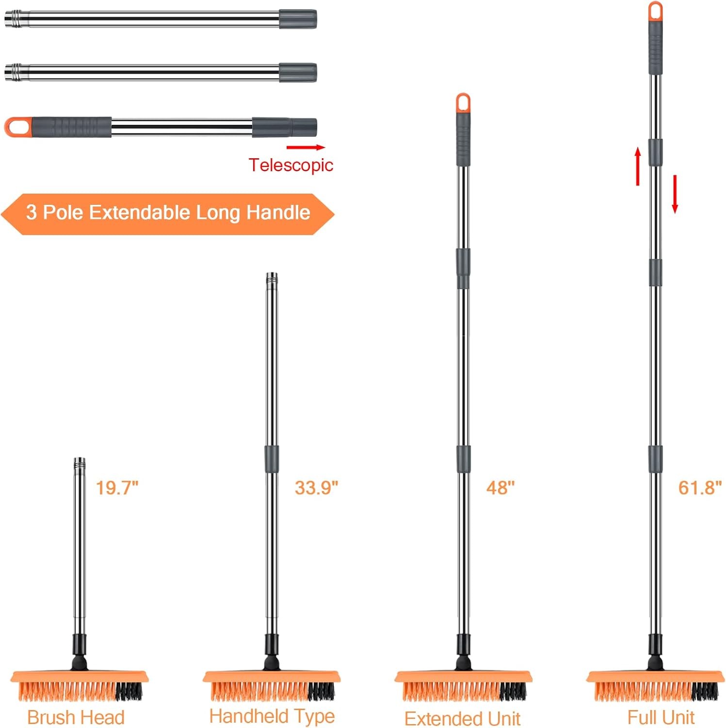 1 Floor Brush Scrubber with Long Handle Grout Brush 3 Poles 53.5” New
