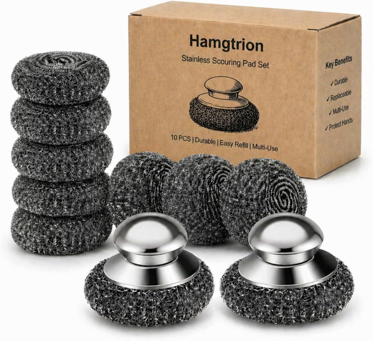 Steel Wool Scrubber, 10-Pack Stainless Steel Scrubber Pads with Handle – the Ult