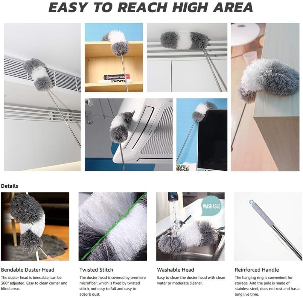 Versatile 100″ Telescopic Microfiber Duster with Bendable Head for Home Use