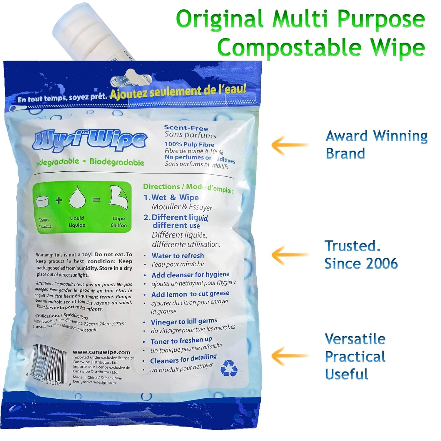 Compressed Cleaning Wipes 100ct Just Add Water Biodegradable Travel Unscented