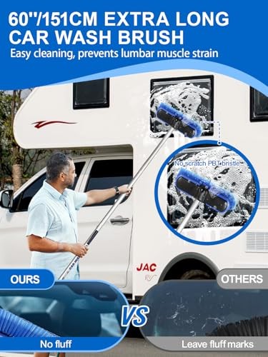Car Wash Brush Long Handle 10″ Large Head PBT Bristle Rubber Bumper RV SUV Boat