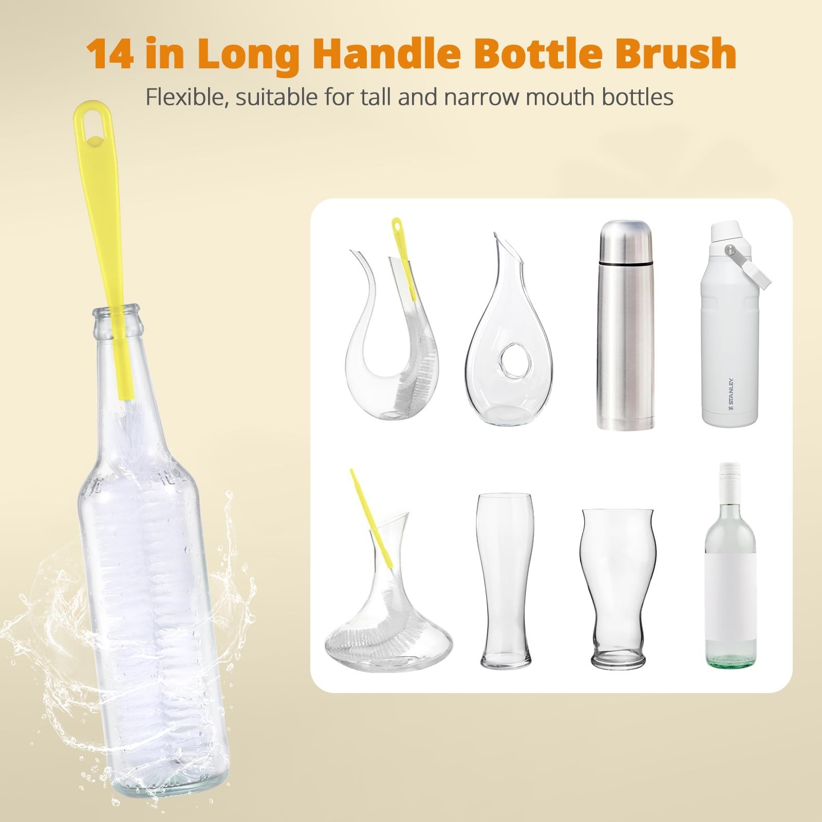 5 Pack Bottle Brush Set, 5-in-1 Water Bottle Cleaner Brush, 15″ Long Handle B…